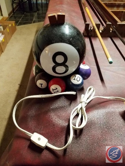 Pool Balls + Cues Wall decoration; 8-ball black Light, black 8-ball candle holder, pool ball wall