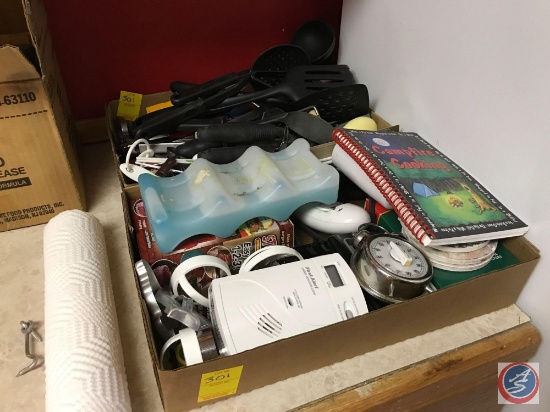 Ice pak, cookbook, coffee filters, CO2 detector, kitchen utensils, measuring spoons and more