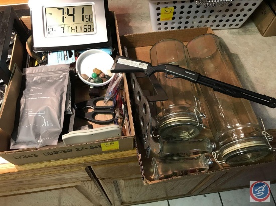 Decanters, hot pepper trivet, box misc gun lighter, and more