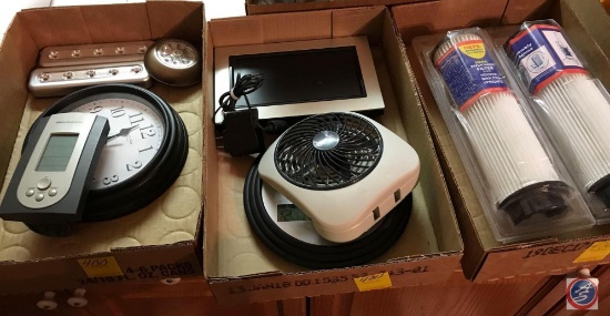 (3) flats containing a fan, clock, thermometer, Hepa filters for Hoover bag-less upright vacuums