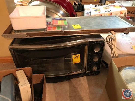 (2) flats containing small stone coaster, oven tabletop warmer, Oster microwave and more