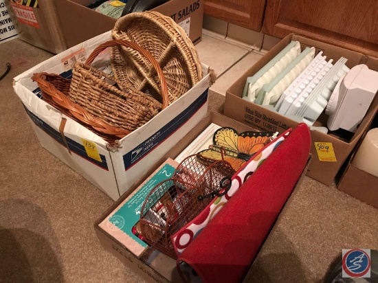 (3) boxes containing wicker baskets, ice cube trays, Stoneware salt and pepper shakers, and assorted