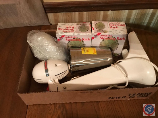 Flat containing a Drink Master blender, and (2) artichoke steaming racks in original boxes