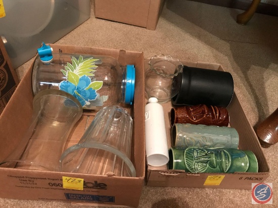 (2) boxes containing iced tea dispenser, vases, bud vase, tiki cups, etc