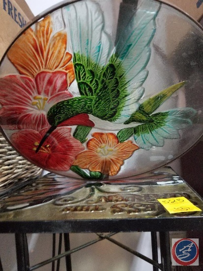 [3] Plant Stands: Butterfly and Hummingbird Glass Top; and a Basket Top on Metal Bases