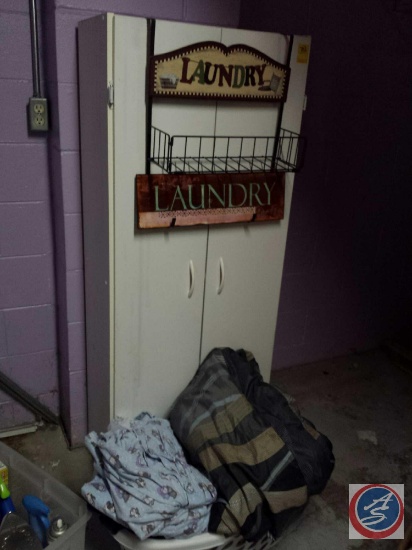 2-Door Laminate Cabinet; Basket of Linens and [2] Laundry Signs