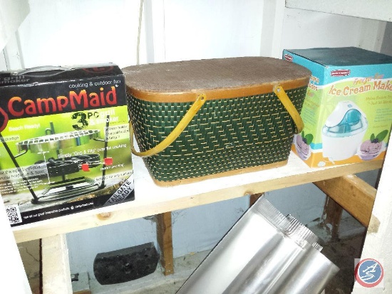 CampMaid 3 pc. Grill + Smoker; Vintage Picnic Basket w/ Items Inside and a Freezer Fun Ice Cream