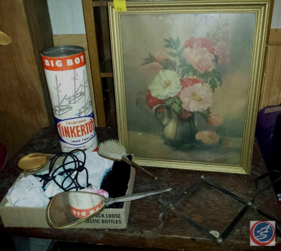 Tinker Toys; Vintage Vanity set; Hankies, Framed Floral Print and a Fireplace Tool