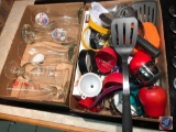 Cooking utensils and strainers, assorted pilsner glasses including Bubba Gump Shrimp Co.