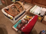 (3) boxes containing wicker baskets, ice cube trays, Stoneware salt and pepper shakers, and assorted