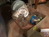 Box containing (3) plastic pitchers, and white plastic plates and bowls