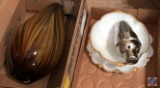 (2) flats containing large blown glass vase, and (2) white serving dishes with gold rims