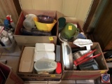 (4) totes containing Tupperware, plastic containers, bowls, and more