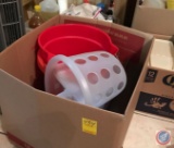 Box containing (2) red cleaning buckets, and a plastic chemical organizer