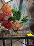 [3] Plant Stands: Butterfly and Hummingbird Glass Top; and a Basket Top on Metal Bases