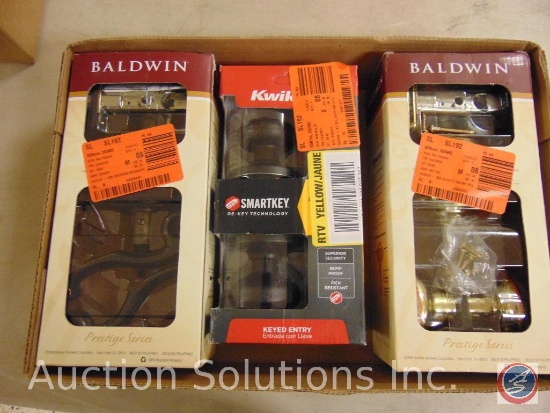 (2) Baldwin prestige series door handle sets, and Kwikset smart key keyed entry lock set