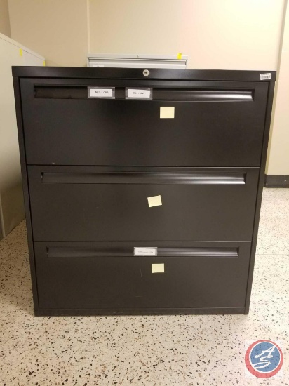 Black metal filing cabinet w/ [3] drawers measuring 3ftx3.5ftx1.5 {STOCK PHOTO USED}