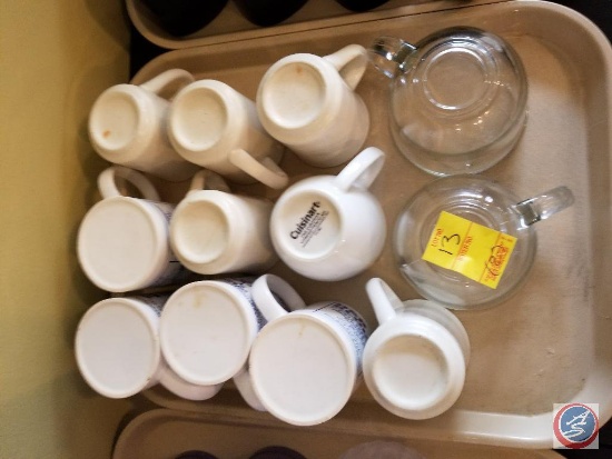 Tray containing assorted mugs and cups, and pint glasses