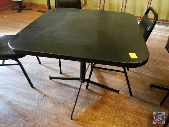 (3) black single pedestal tables, measuring 3ft X 3ft X 30 inches high {SOLD 3X THE MONEY}