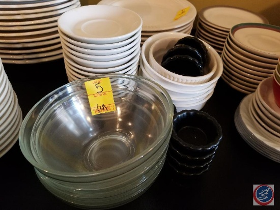 (4) clear glass bowls, small white side plates, and (7) Carlisle rammekins