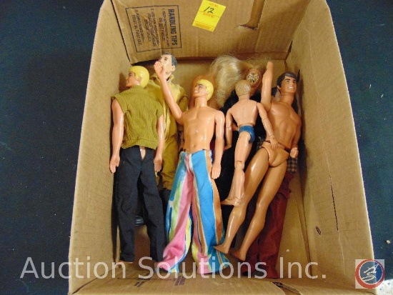Box of (8) posable plastic dolls {{ONE IS MISSING A HEAD}}