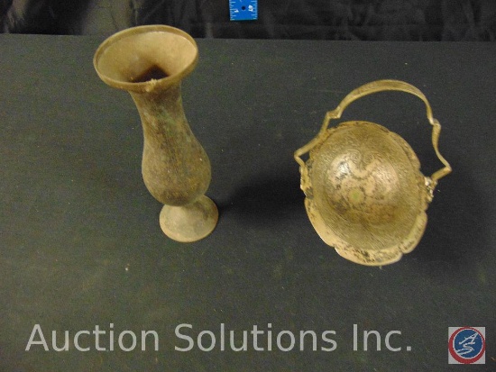 Antique brass vase and metal basket