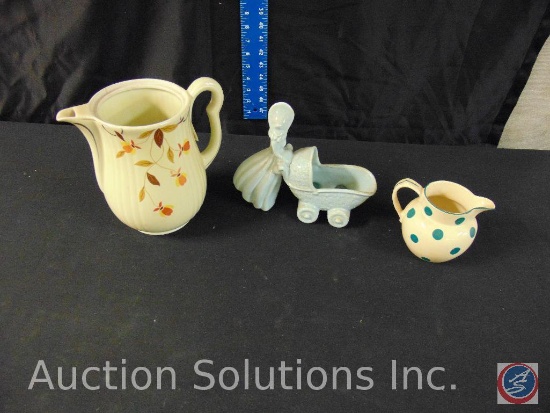 Hall's Superior Jewel Tea pitcher, polka dot creamer, lady pushing a buggy figurine