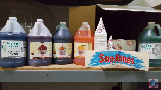 [5] Sno-Cone Syrup Flavors (Blue Hawaiian, Bubble-Gum, Cherry, Lemon-Lime + Orange); and Paper Cones