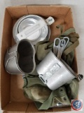 GI cooking mess kit, GI Trioxane stove and fuel, (3) stainless steel mess cups, (3) GI WWII dinner