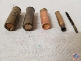 20ga low brass 7 1/2 shot, empty brass, (2) brass 12ga shells, brush