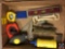 measuring tapes, plumb bobs, wooden measuring tool, hand held level