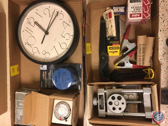 (2) flats containing clamps, cable staples, Craftsman Doweling Jig (9-4186), a clock, Woods heavy