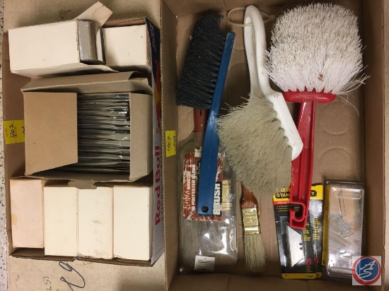 (2) flats containing Stanley knife blades, assorted brushes including paint brushes and aluminum