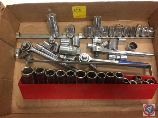set of Mack 1/4" drive deep well sockets, 3/8" drive rachetts and a assorted deep well sockets