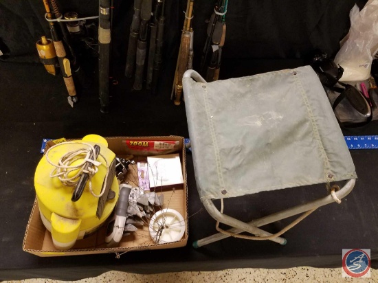 Lead weights, fishing chair, minow bucket, Rapala fishing scale, Penn #85 reel, Stren fishing line,