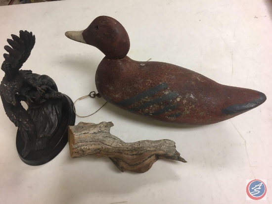 Wood duck decoy with lead screwed to the bottom, Eagle statue, piece of driftwood