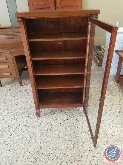 Antique 5 shelf wood cabinet with glass door on casters (no key)- 53.5" tall x 30.5" wide x 14" deep