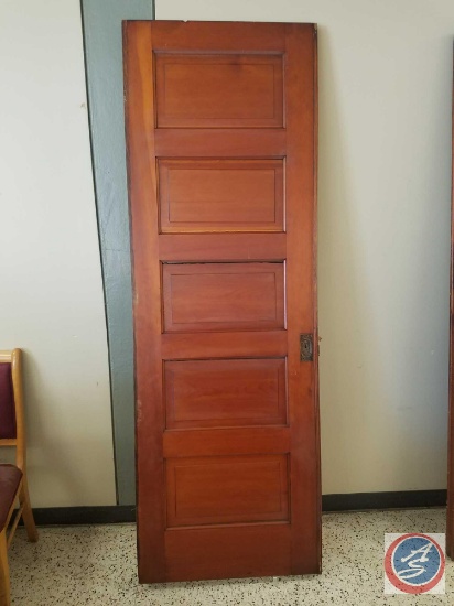Large antique wood door with ornate lock (no key)- 89" tall x 31" deep
