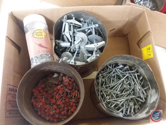 Box of assorted hardware including nails, screws and more