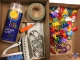 Mardis Gras beads and Lei flower necklaces, sponge cloth, scrub brushes, screw driver and more