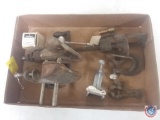 Flat containing Shaler antique cast iron tire patch clamp, Stanley and Turner tools and more