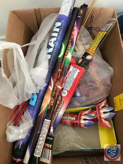 Large box containing assorted firecrackers