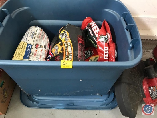 Tote containing charcoal briquettes, and weed killer