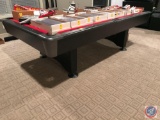 Pool table, cues, cue rack, and Billiard Balls and ball rack