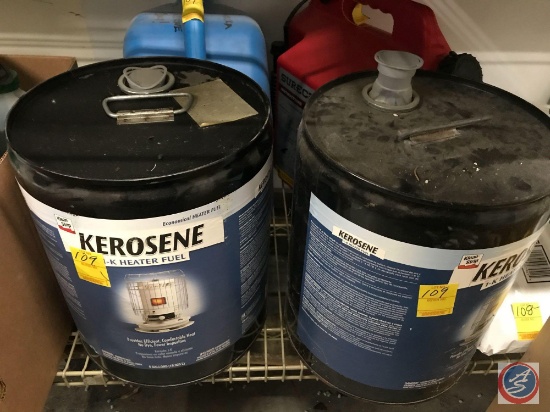 (2) half cans of kerosene, nearly full kerosene can, and an empty red Sure Can with 5 gallon