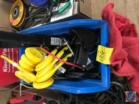 Bucket of misc. parts and scrap, and a blue organizer with clips and pickup box net