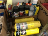 Box with propane, and a box of spray paint, wood glue, Decon, and assorted cleaners
