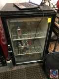Coca Cola glass front under counter beverage cooler, with coke bottle handle