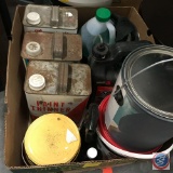 Box of paint thinner, painters alcohol, water seal, and more