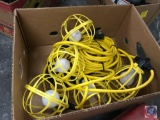 String of 5 industrial work lights, and an extension cord and a box of rough neck storage containers